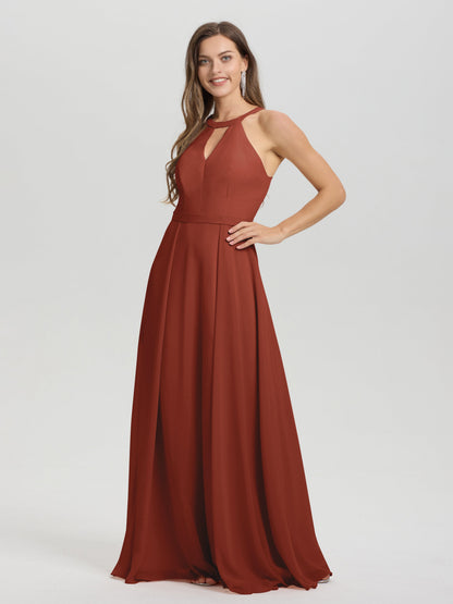 A-Line Hater Key Hole Sleeveless Floor Length Chiffon Bridesmaid Dress