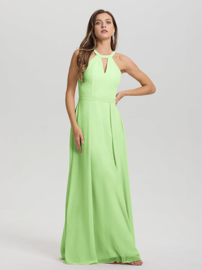 A-Line Hater Key Hole Sleeveless Floor Length Chiffon Bridesmaid Dress