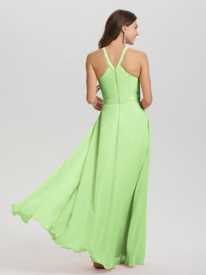A-Line Hater Key Hole Sleeveless Floor Length Chiffon Bridesmaid Dress