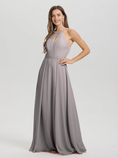 A-Line Hater Key Hole Sleeveless Floor Length Chiffon Bridesmaid Dress