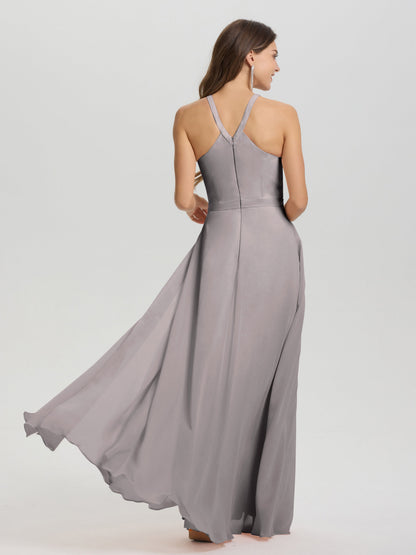 A-Line Hater Key Hole Sleeveless Floor Length Chiffon Bridesmaid Dress