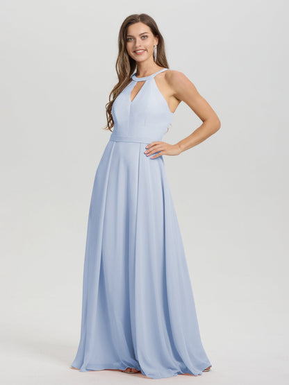 A-Line Hater Key Hole Sleeveless Floor Length Chiffon Bridesmaid Dress