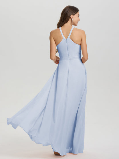 A-Line Hater Key Hole Sleeveless Floor Length Chiffon Bridesmaid Dress