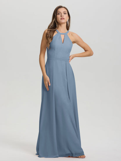A-Line Hater Key Hole Sleeveless Floor Length Chiffon Bridesmaid Dress