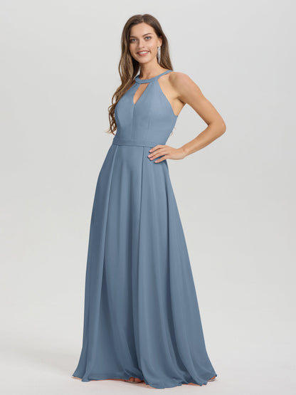 A-Line Hater Key Hole Sleeveless Floor Length Chiffon Bridesmaid Dress
