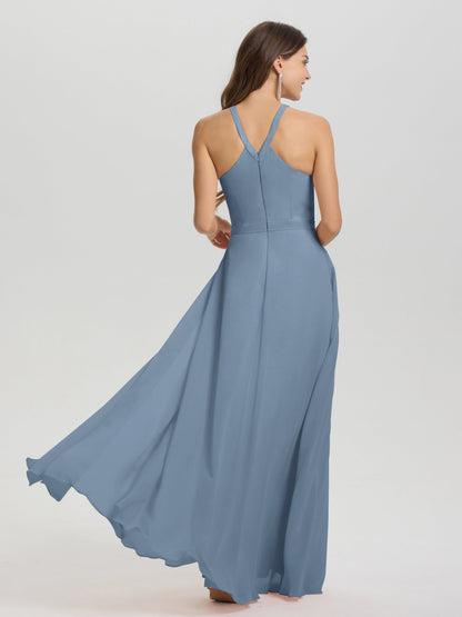 A-Line Hater Key Hole Sleeveless Floor Length Chiffon Bridesmaid Dress