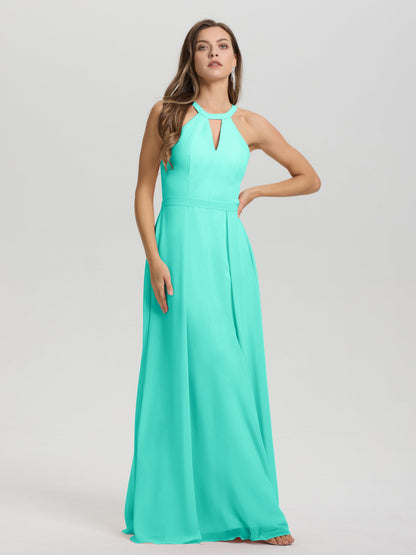 A-Line Hater Key Hole Sleeveless Floor Length Chiffon Bridesmaid Dress