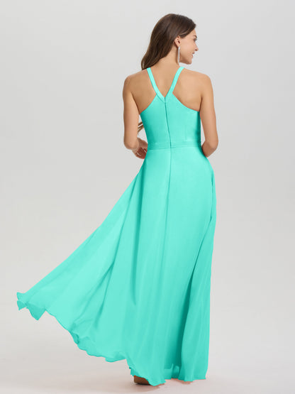 A-Line Hater Key Hole Sleeveless Floor Length Chiffon Bridesmaid Dress