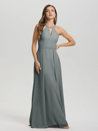 A-Line Hater Key Hole Sleeveless Floor Length Chiffon Bridesmaid Dress