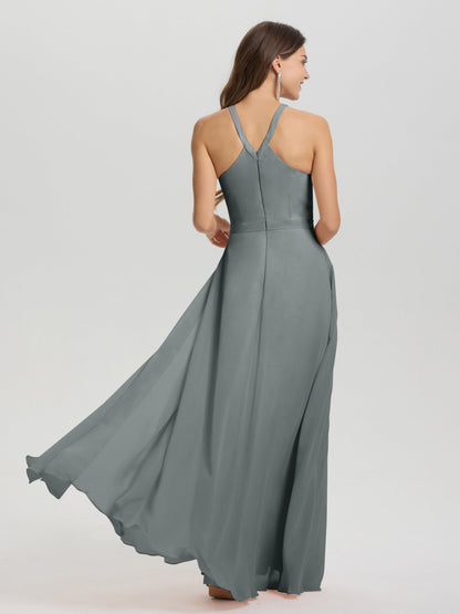 A-Line Hater Key Hole Sleeveless Floor Length Chiffon Bridesmaid Dress