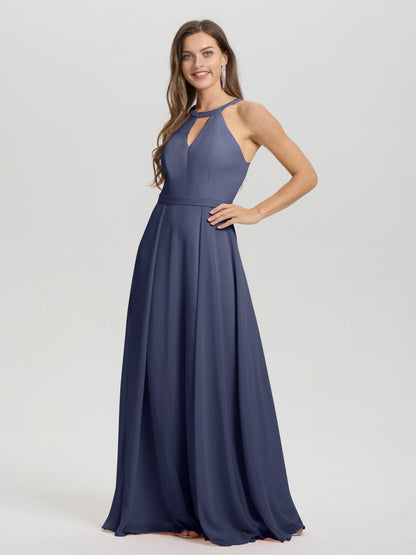 A-Line Hater Key Hole Sleeveless Floor Length Chiffon Bridesmaid Dress