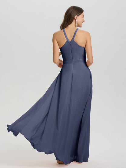 A-Line Hater Key Hole Sleeveless Floor Length Chiffon Bridesmaid Dress