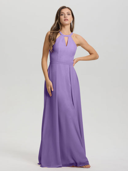 A-Line Hater Key Hole Sleeveless Floor Length Chiffon Bridesmaid Dress