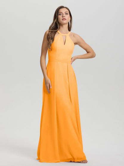 A-Line Hater Key Hole Sleeveless Floor Length Chiffon Bridesmaid Dress