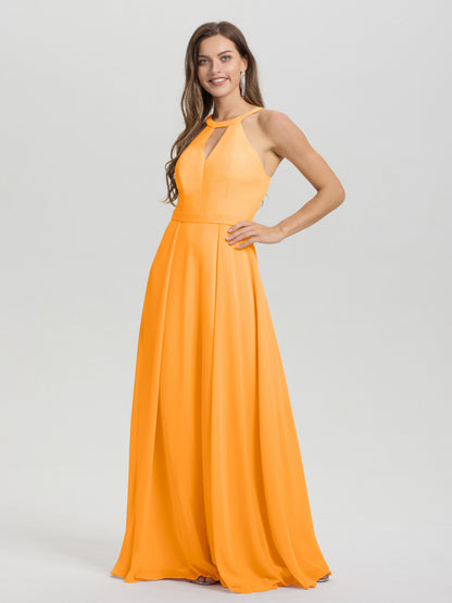 A-Line Hater Key Hole Sleeveless Floor Length Chiffon Bridesmaid Dress