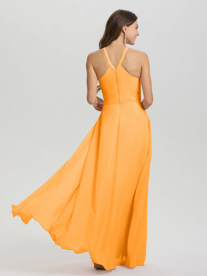 A-Line Hater Key Hole Sleeveless Floor Length Chiffon Bridesmaid Dress