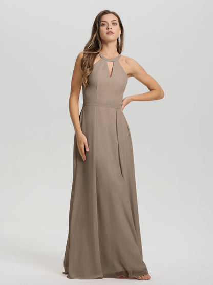 A-Line Hater Key Hole Sleeveless Floor Length Chiffon Bridesmaid Dress
