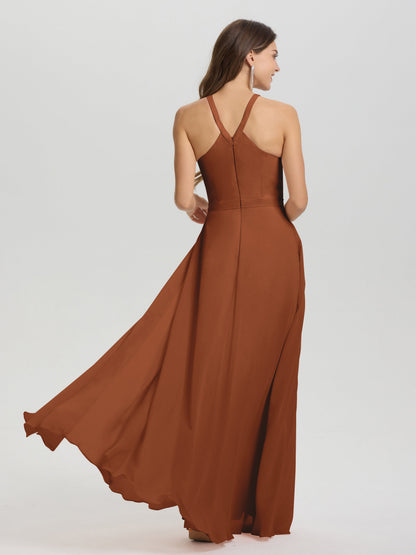A-Line Hater Key Hole Sleeveless Floor Length Chiffon Bridesmaid Dress
