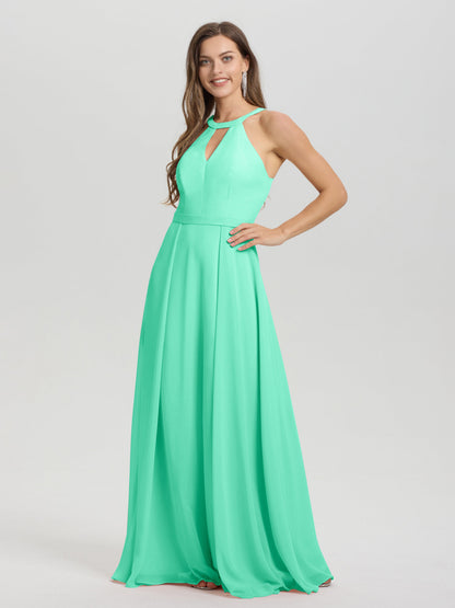 A-Line Hater Key Hole Sleeveless Floor Length Chiffon Bridesmaid Dress