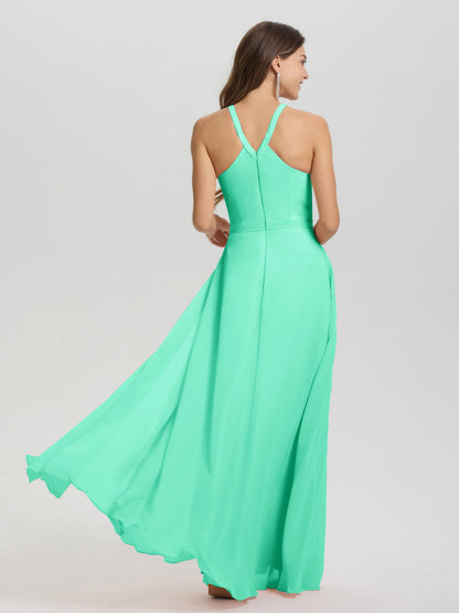A-Line Hater Key Hole Sleeveless Floor Length Chiffon Bridesmaid Dress