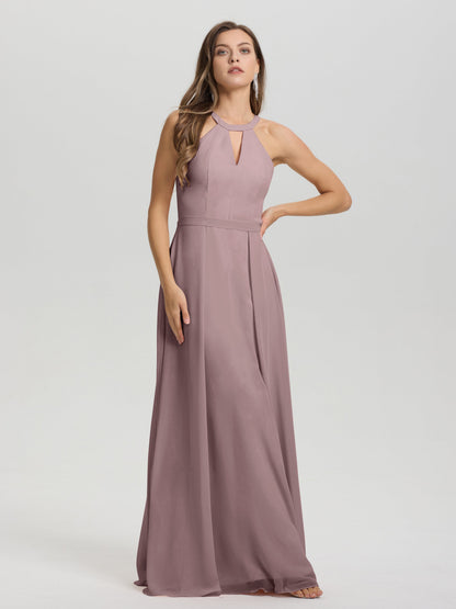 A-Line Hater Key Hole Sleeveless Floor Length Chiffon Bridesmaid Dress