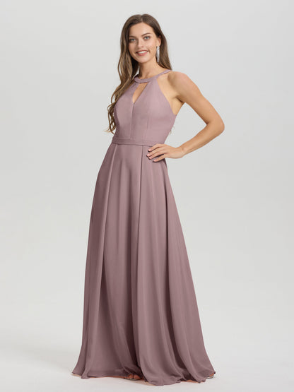A-Line Hater Key Hole Sleeveless Floor Length Chiffon Bridesmaid Dress