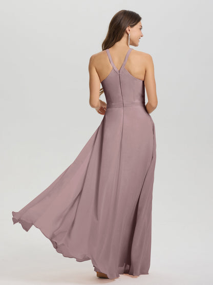 A-Line Hater Key Hole Sleeveless Floor Length Chiffon Bridesmaid Dress