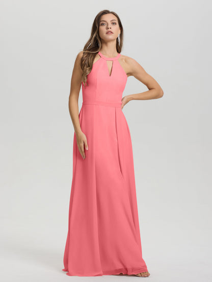 A-Line Hater Key Hole Sleeveless Floor Length Chiffon Bridesmaid Dress