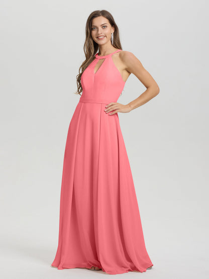 A-Line Hater Key Hole Sleeveless Floor Length Chiffon Bridesmaid Dress