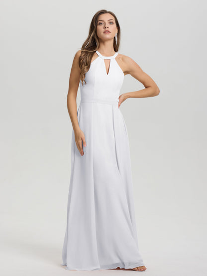 A-Line Hater Key Hole Sleeveless Floor Length Chiffon Bridesmaid Dress