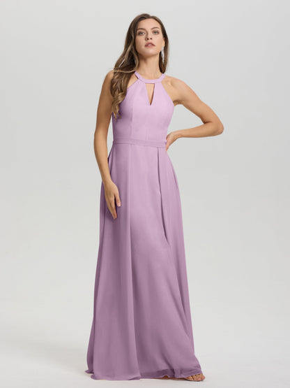 A-Line Hater Key Hole Sleeveless Floor Length Chiffon Bridesmaid Dress
