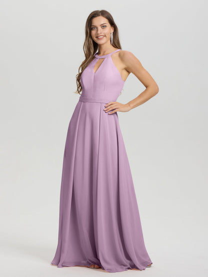 A-Line Hater Key Hole Sleeveless Floor Length Chiffon Bridesmaid Dress