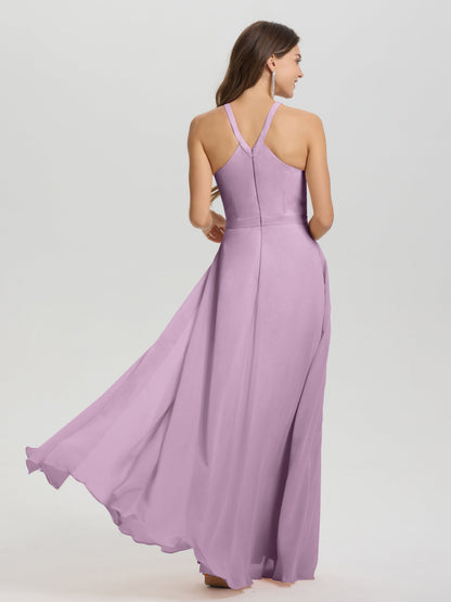 A-Line Hater Key Hole Sleeveless Floor Length Chiffon Bridesmaid Dress