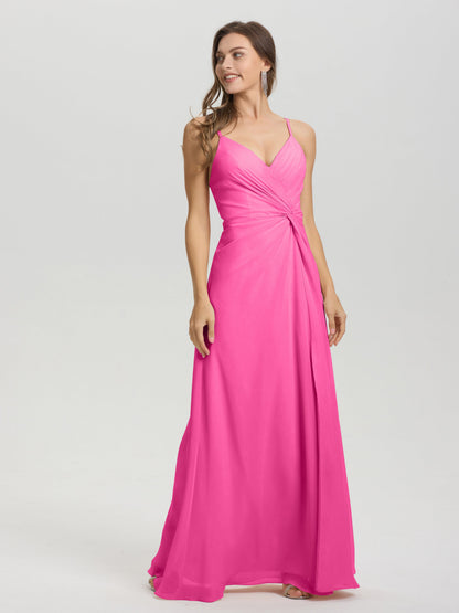 A-Line Spaghetti Straps Ruched Floor Length Chiffon Bridesmaid Dress