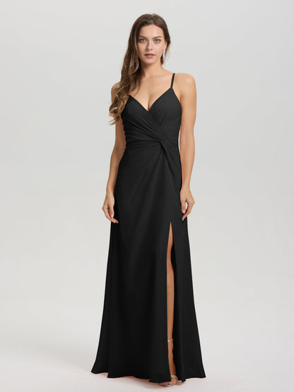 A-Line Spaghetti Straps Ruched Floor Length Chiffon Bridesmaid Dress