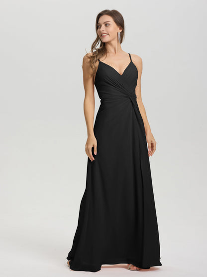 A-Line Spaghetti Straps Ruched Floor Length Chiffon Bridesmaid Dress