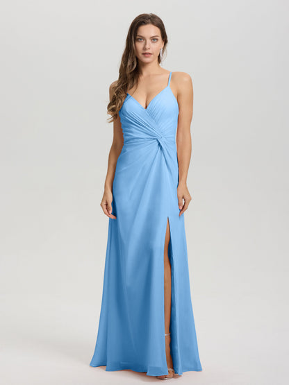 A-Line Spaghetti Straps Ruched Floor Length Chiffon Bridesmaid Dress