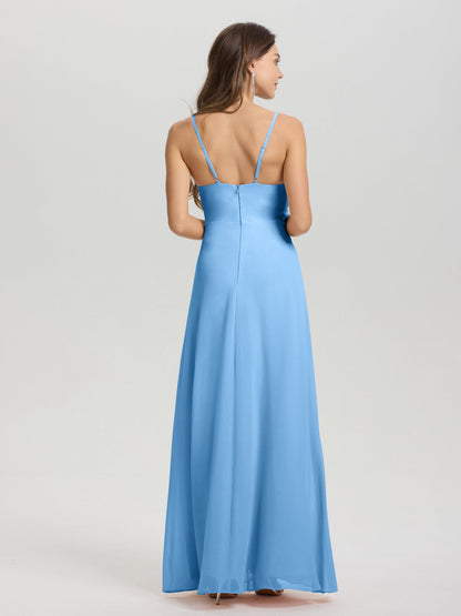 A-Line Spaghetti Straps Ruched Floor Length Chiffon Bridesmaid Dress
