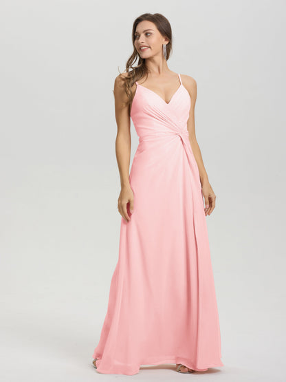 A-Line Spaghetti Straps Ruched Floor Length Chiffon Bridesmaid Dress