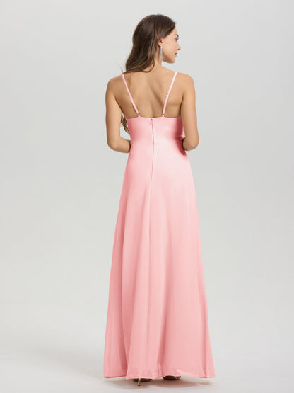 A-Line Spaghetti Straps Ruched Floor Length Chiffon Bridesmaid Dress