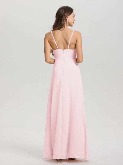 A-Line Spaghetti Straps Ruched Floor Length Chiffon Bridesmaid Dress