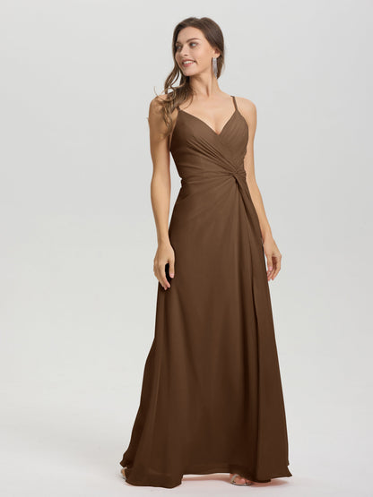 A-Line Spaghetti Straps Ruched Floor Length Chiffon Bridesmaid Dress