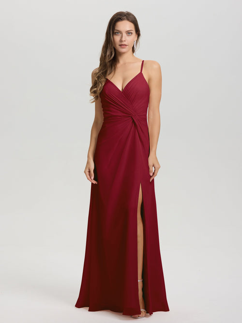 A-Line Spaghetti Straps Ruched Floor Length Chiffon Bridesmaid Dress