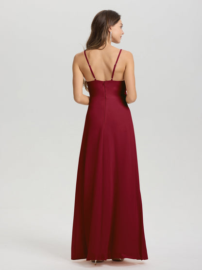 A-Line Spaghetti Straps Ruched Floor Length Chiffon Bridesmaid Dress