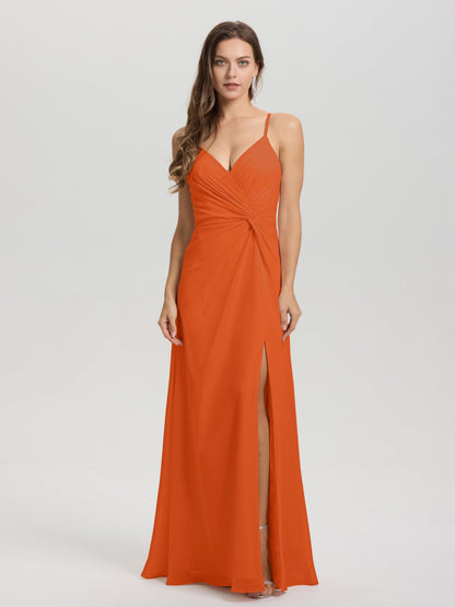 A-Line Spaghetti Straps Ruched Floor Length Chiffon Bridesmaid Dress