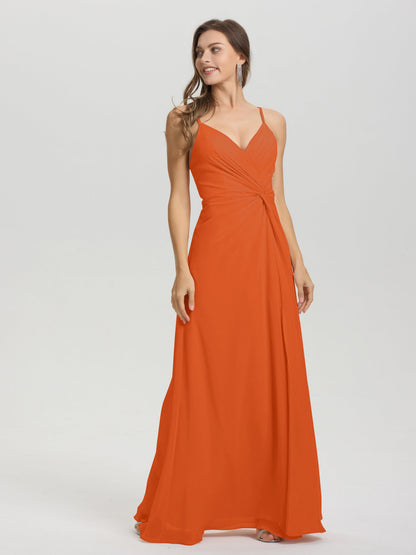 A-Line Spaghetti Straps Ruched Floor Length Chiffon Bridesmaid Dress