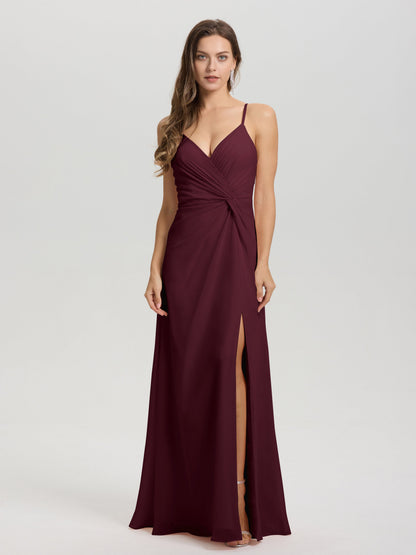 A-Line Spaghetti Straps Ruched Floor Length Chiffon Bridesmaid Dress