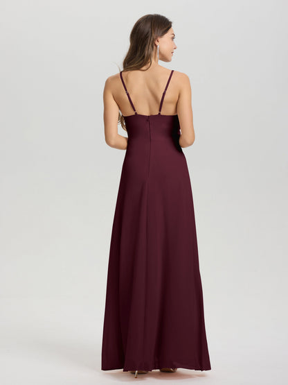 A-Line Spaghetti Straps Ruched Floor Length Chiffon Bridesmaid Dress