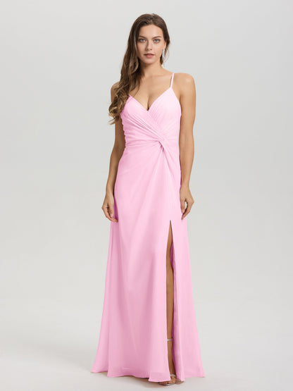 A-Line Spaghetti Straps Ruched Floor Length Chiffon Bridesmaid Dress