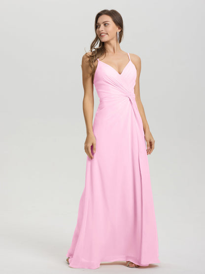A-Line Spaghetti Straps Ruched Floor Length Chiffon Bridesmaid Dress
